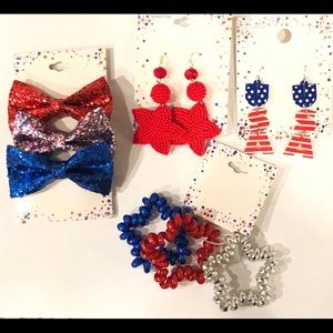 USA earrings bows, hair ties red white & blue star